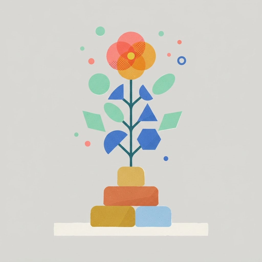 Flat illustration of a geometric plant with a coral blossom growing from a stack of colorful building blocks.