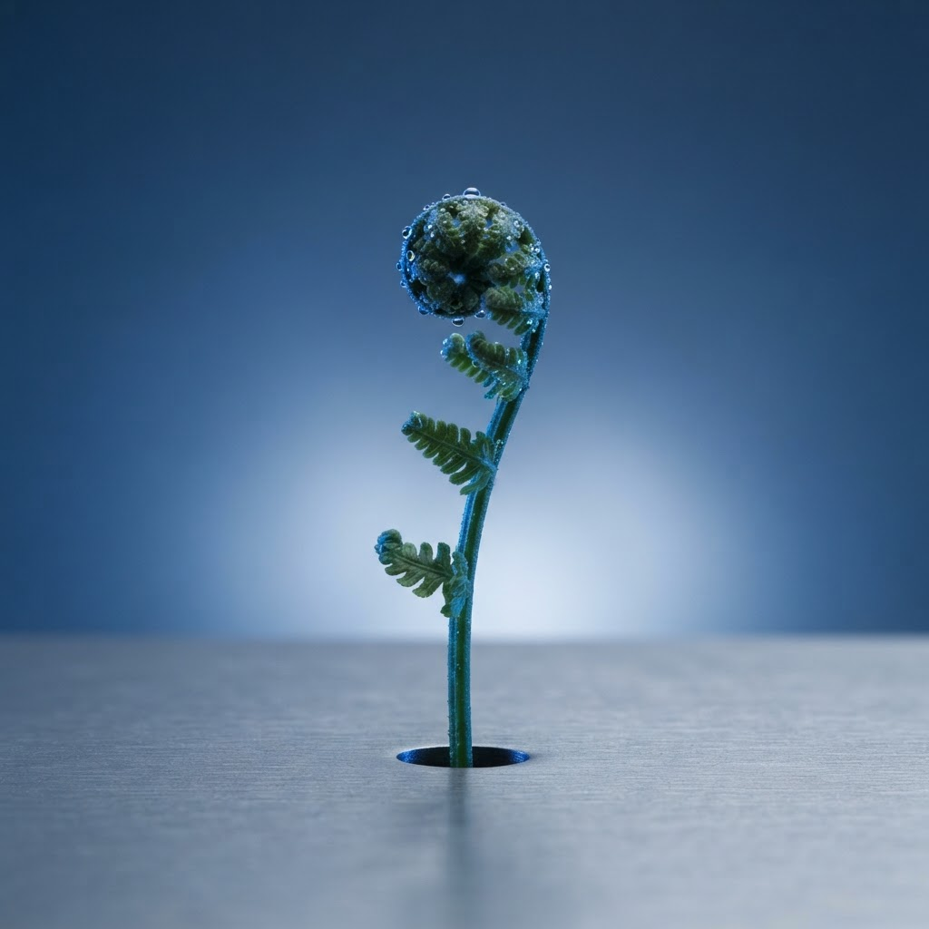 A fern frond unfurling from a brushed metal surface, lit by a cool blue rim light.
